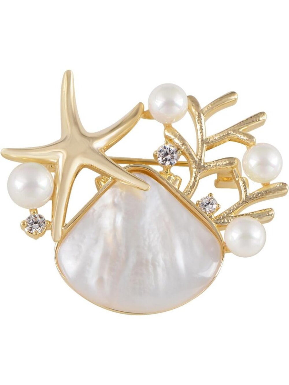 Elegant Gold Starfish Shell Pearl Brooch Pin for Women - Sea Animal Jewelry